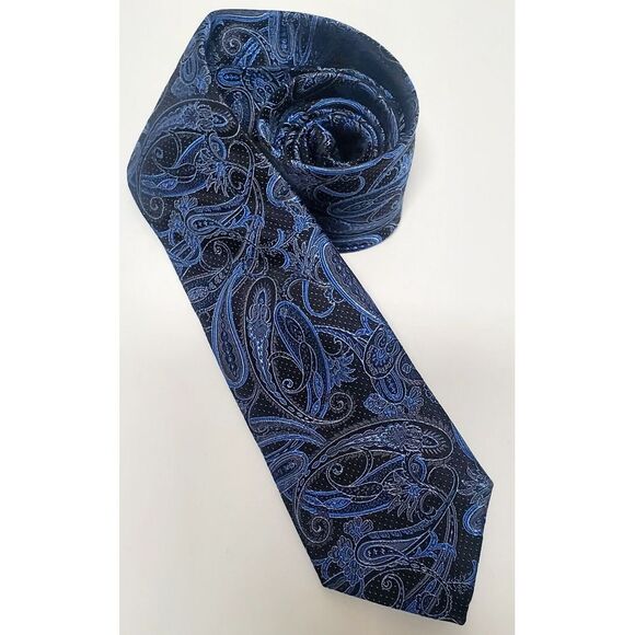 Pronto Uomo Necktie Black, Blue, and Taupe Paisley Printed Narrow 100% Silk Tie - Picture 3 of 11